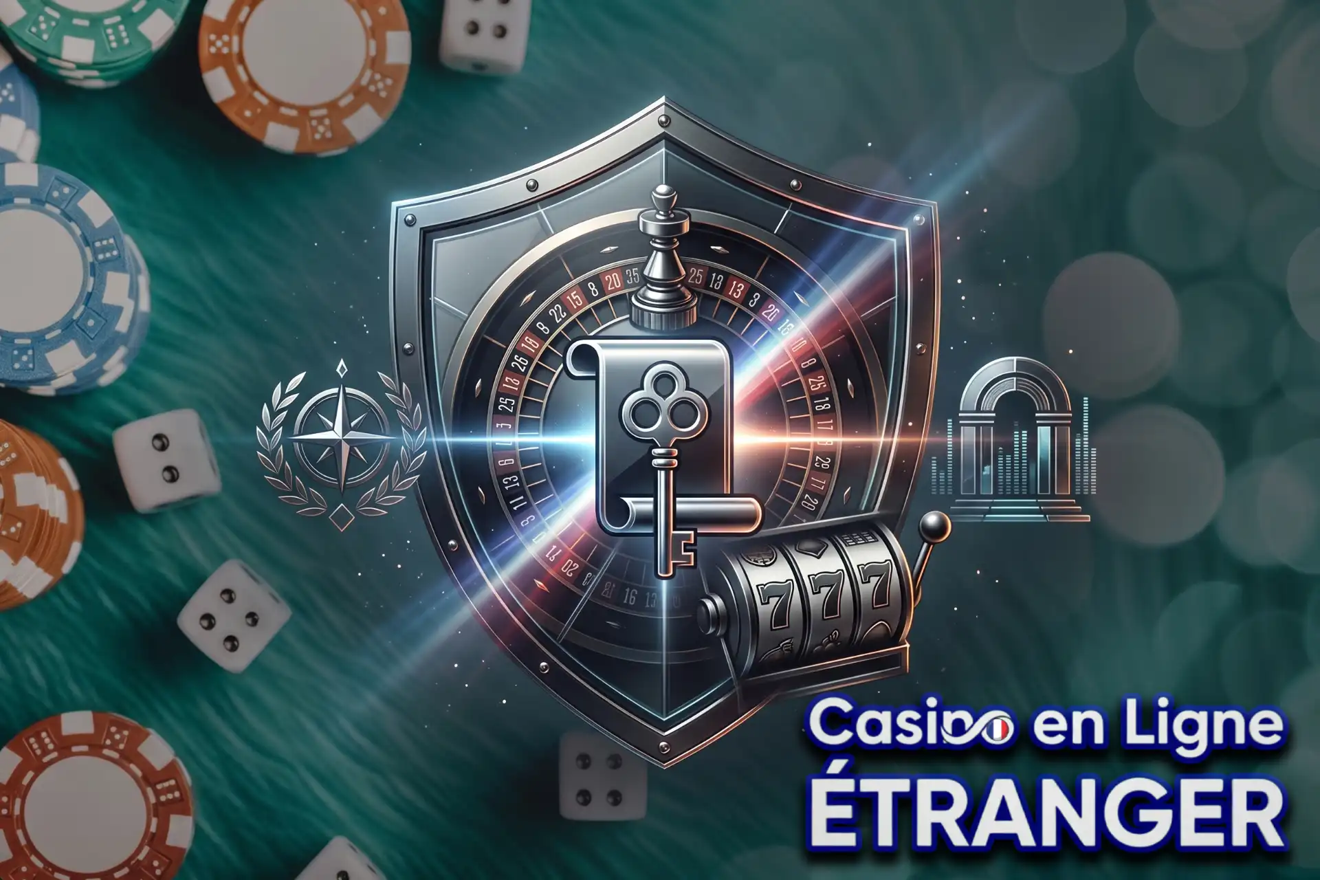Garanties de sécurité et fiabilité des plateformes de jeux d'argent, illustrées par un bouclier renforcé à clé centrale, une roulette et des colonnes.
