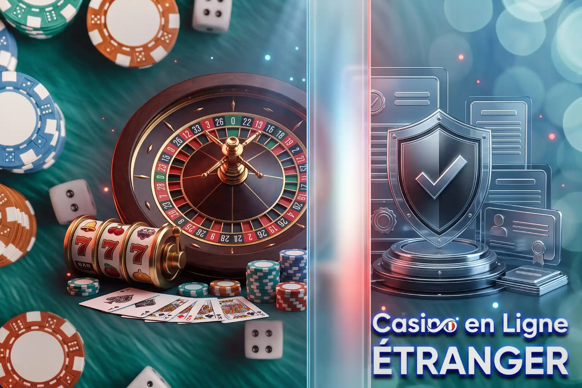 Analyse juridique des casinos internationaux face à la loi française, présentée par un écran divisé entre jeux de table et bouclier de conformité.