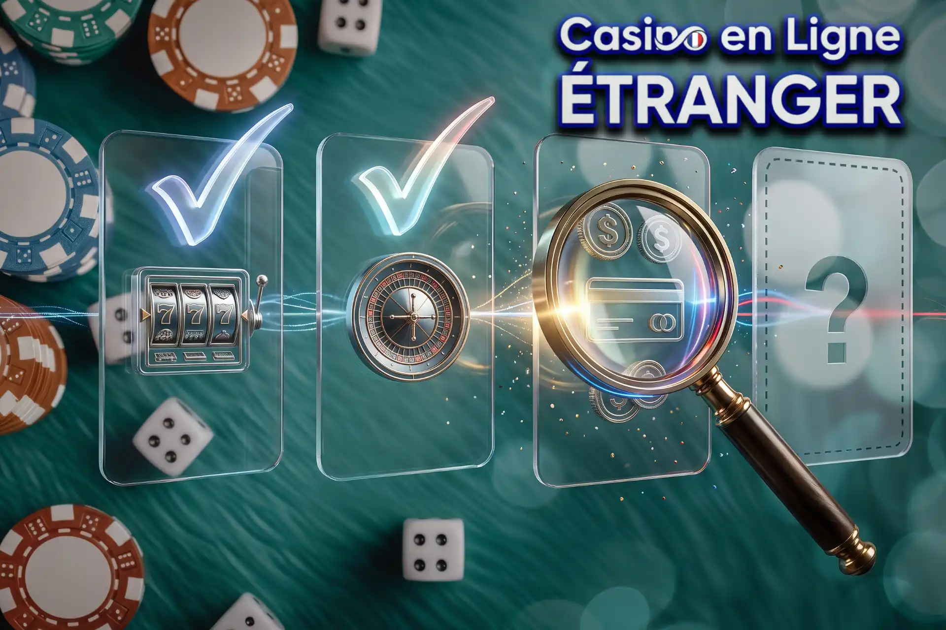Méthodologie rigoureuse de test et critères de sélection, illustrée par quatre panneaux vitrés examinés à la loupe avec symboles de jeux et de paiement.