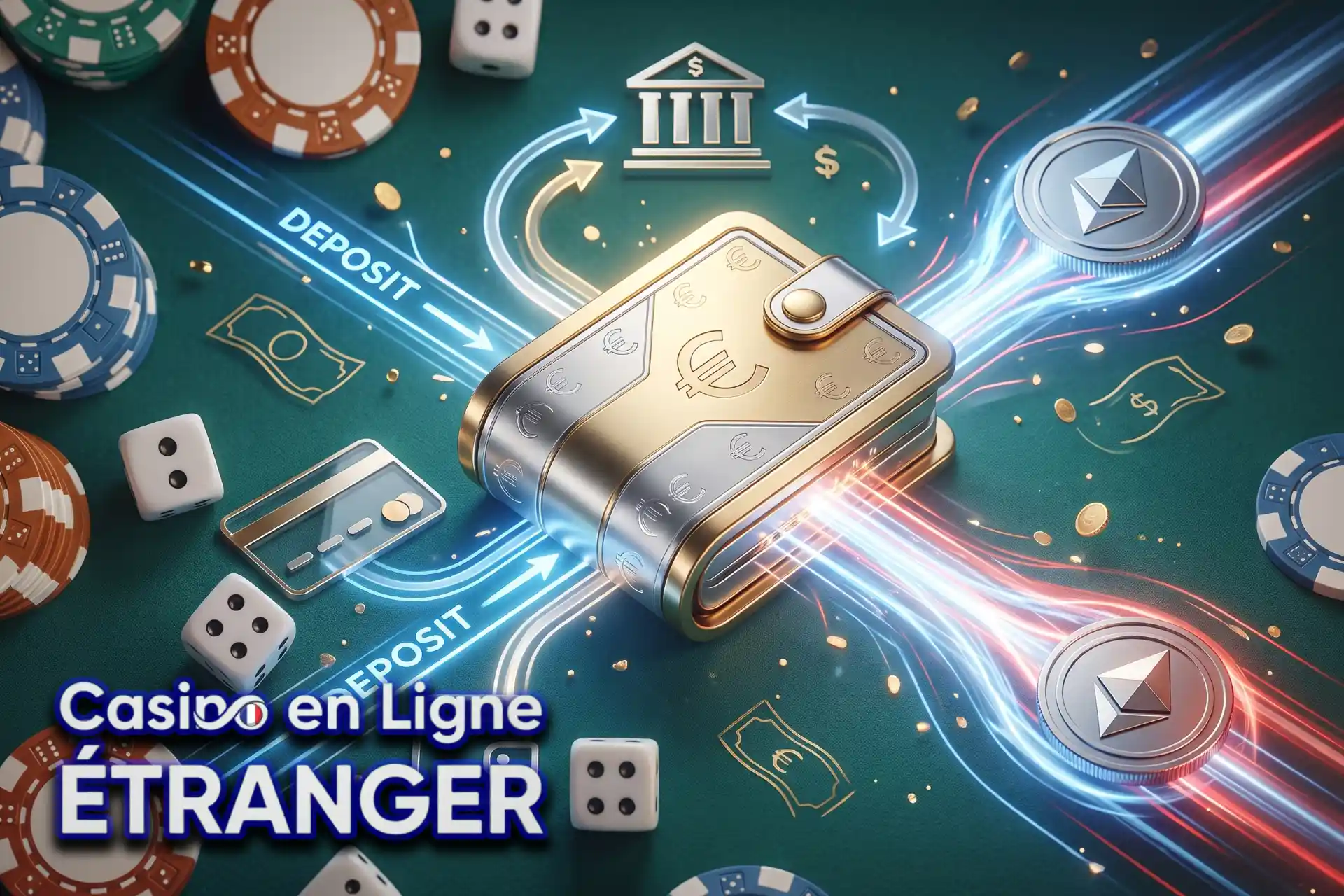 Solutions rapides pour les dépôts et retraits de gains en ligne, visualisées par un portefeuille doré connecté à une banque et des jetons Ethereum.