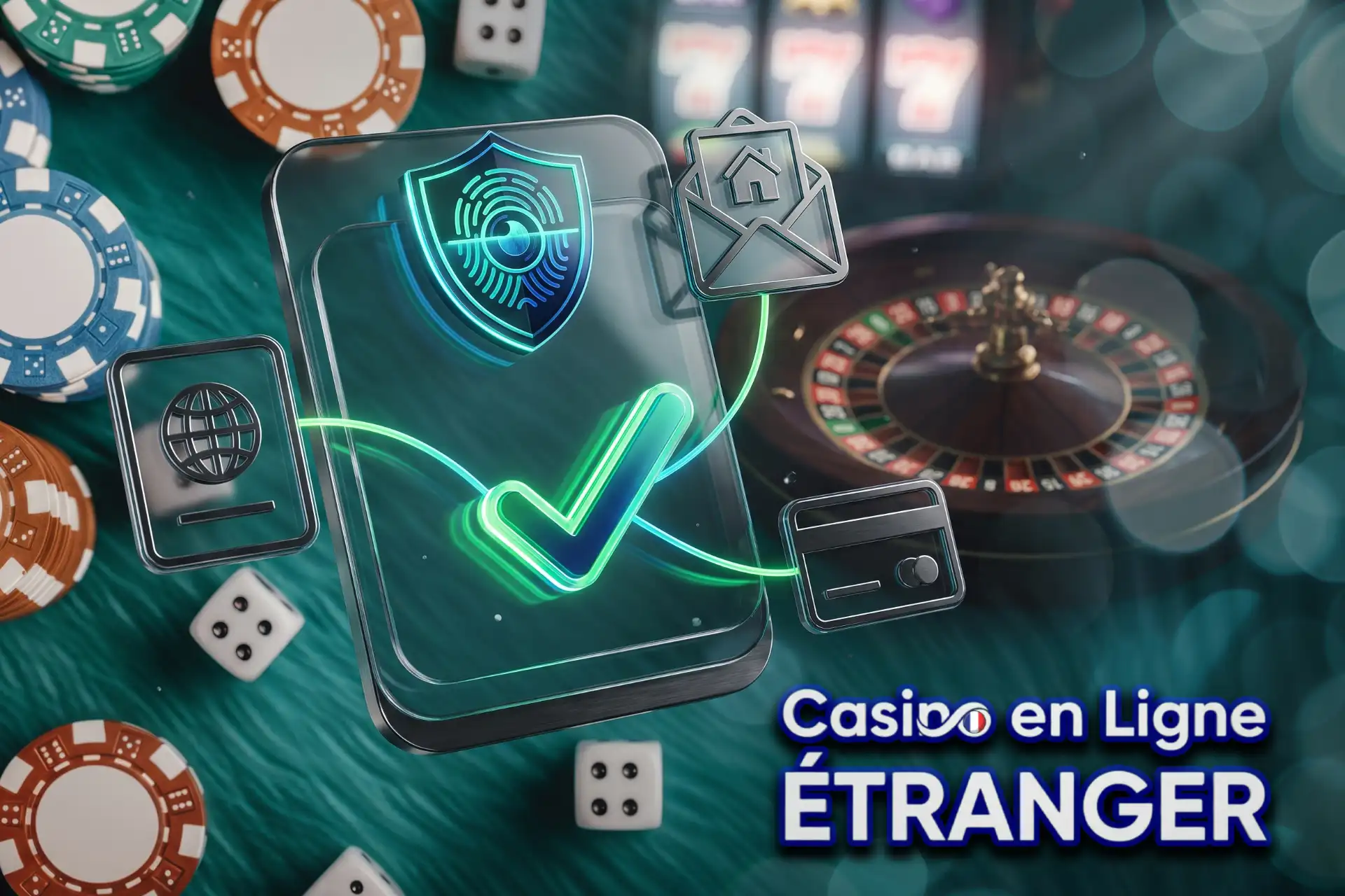Procédure de vérification d'identité KYC sur un casino en ligne étranger, représentée par un écran biométrique relié à un passeport et un justificatif.