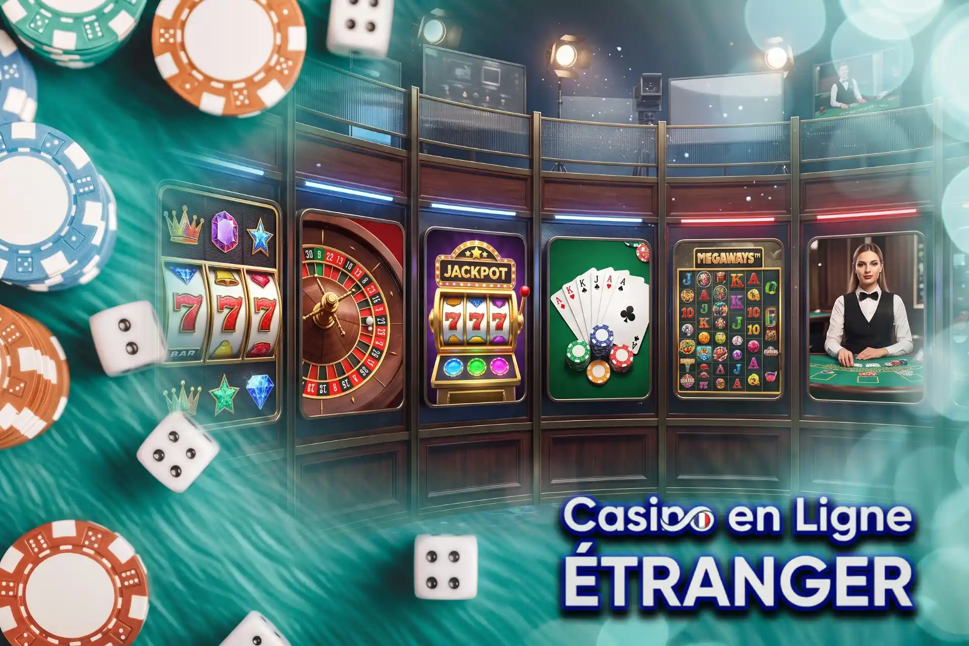Vaste catalogue de jeux d'argent avec slots Megaways et live casino, exposé dans une galerie virtuelle de bornes de jeux avec croupière en direct.