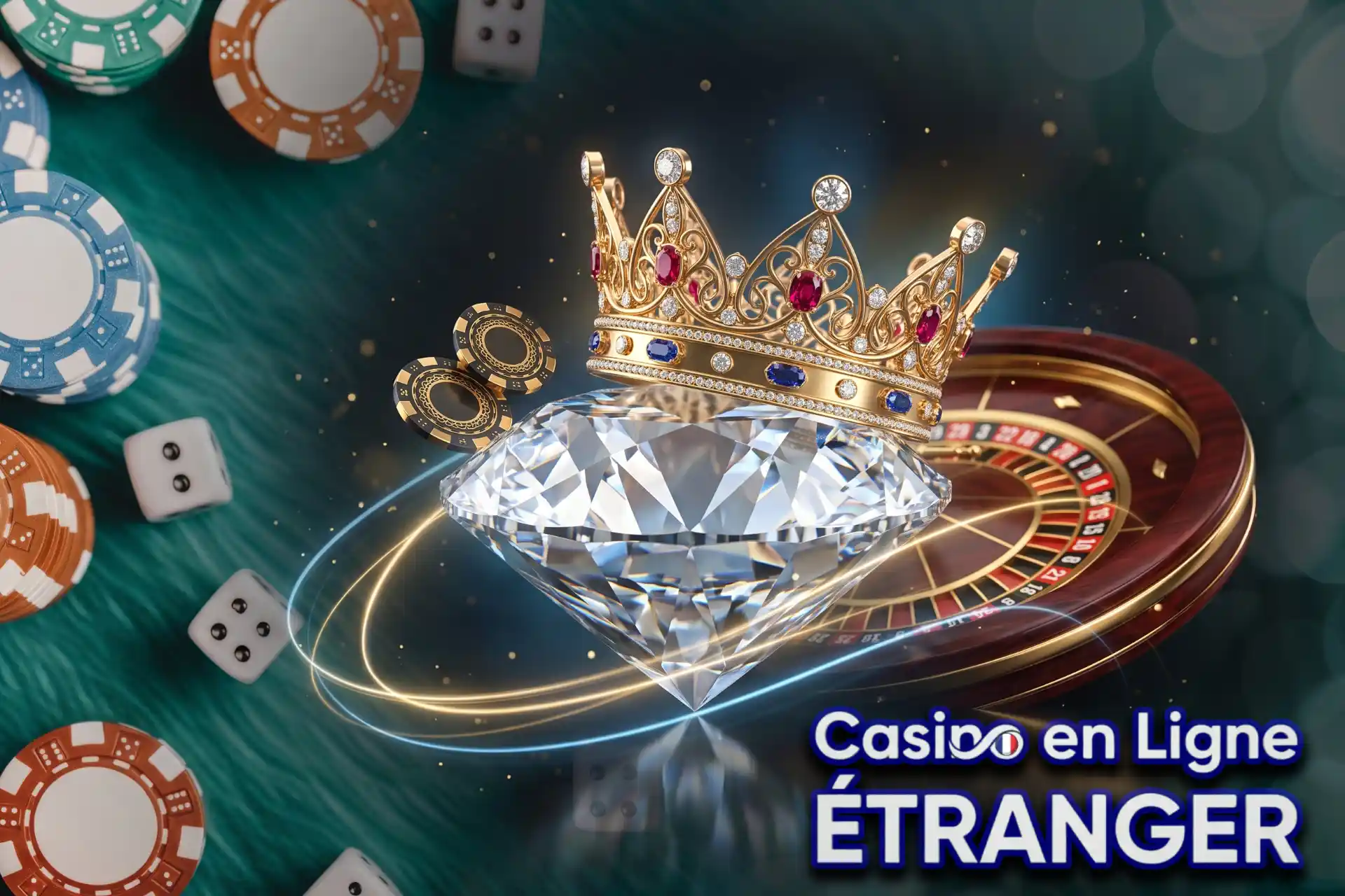 Programme de fidélité VIP exclusif sur un casino en ligne étranger, symbolisé par une couronne royale sertie de rubis posée sur un diamant étincelant.